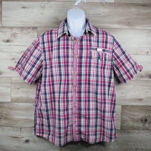 CAVI* Men's Short‎ Sleeve Button Down Curved Hem Plaid Shirt~ Size XL